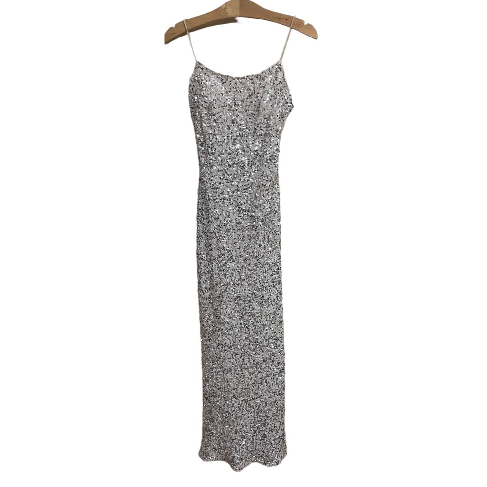 Cache Vintage SILK Silver & White Iridescent Sequin Evening Gown Maxi Dress • 2